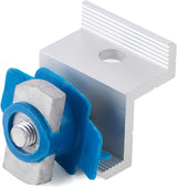 Silver solar panel end clamp with bolt, channel nut, and blue retainer
