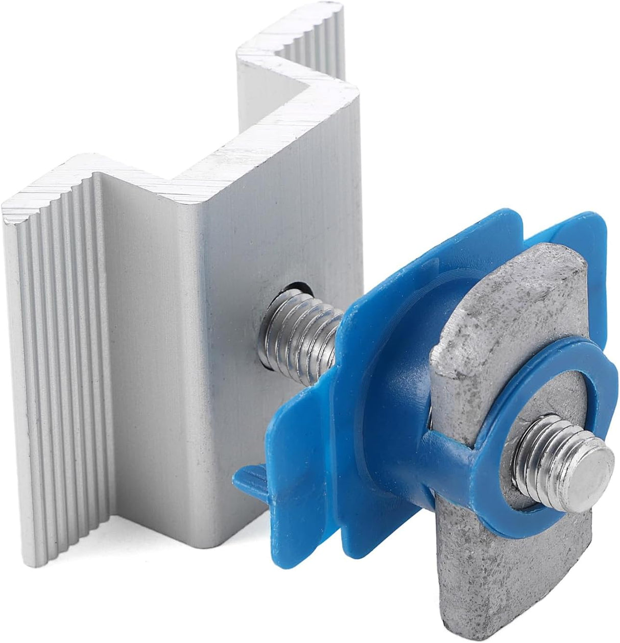 Silver solar panel mid clamp with bolt, channel nut, and blue retainer