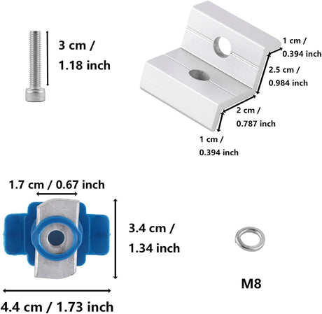 Silver two-hole solar panel end clamp and mounting hardware details