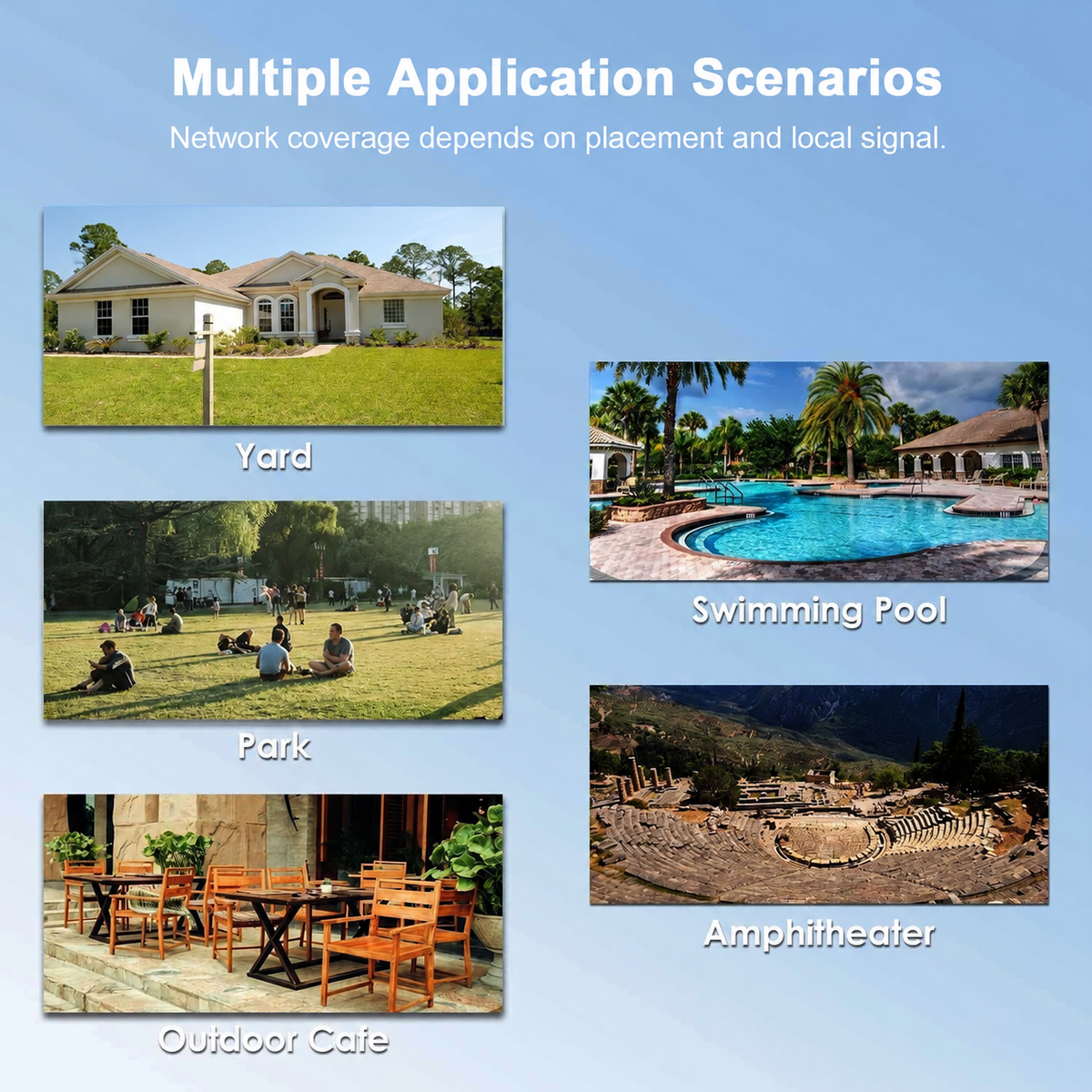 Outdoor router application collage featuring a yard, pool, park, cafe and amphitheater