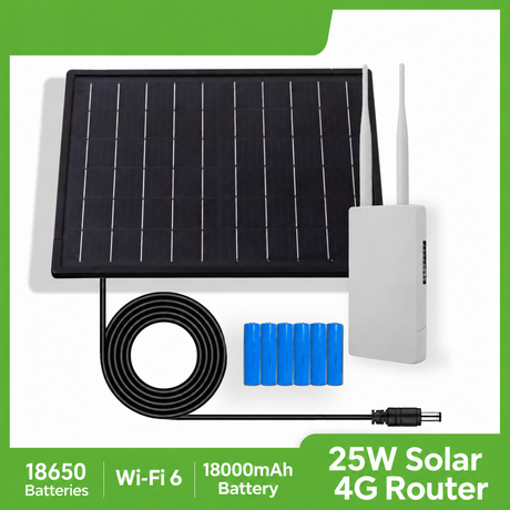 Solar 4G router kit with white dual-antenna router, solar panel, cable and six 18650 cells