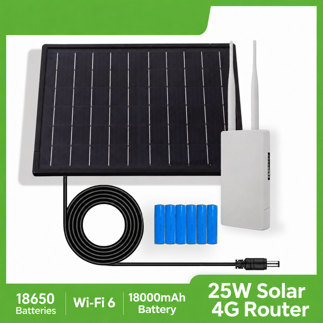 Solar 4G router kit with white dual-antenna router, solar panel, cable and six 18650 cells