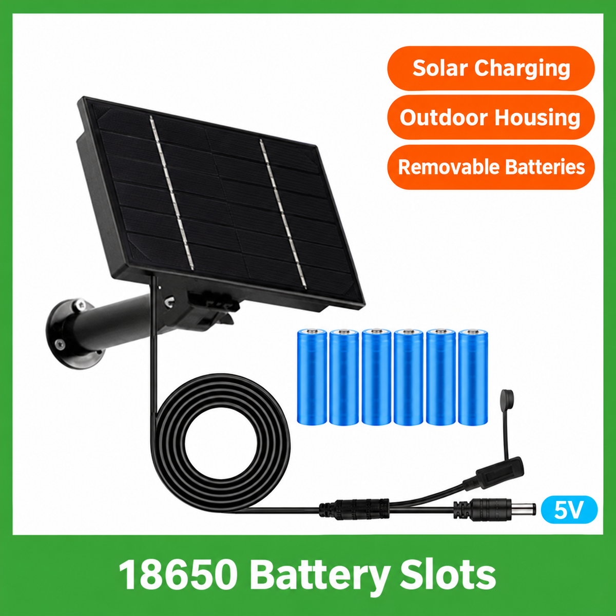 Solar battery supply panel with adjustable bracket, removable 18650 cells and cables