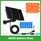 Solar battery supply panel with adjustable bracket, removable 18650 cells and cables