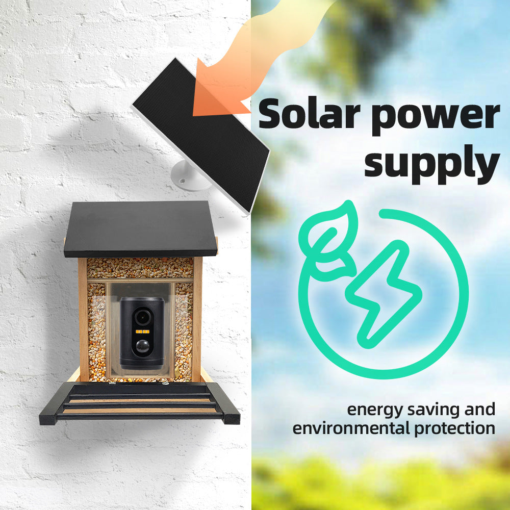 Wooden bird feeder camera with separate solar panel and feeding platform