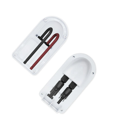 White ABS solar cable entry gland shown open and closed with two cables