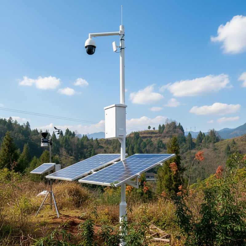 Solar-powered fire detection camera station with a large array, weatherproof equipment enclosure, antenna, and secondary monitoring node on a forested hillside.