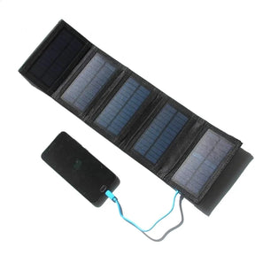 7.5W five-panel solar charger supplying a phone; phone not included
