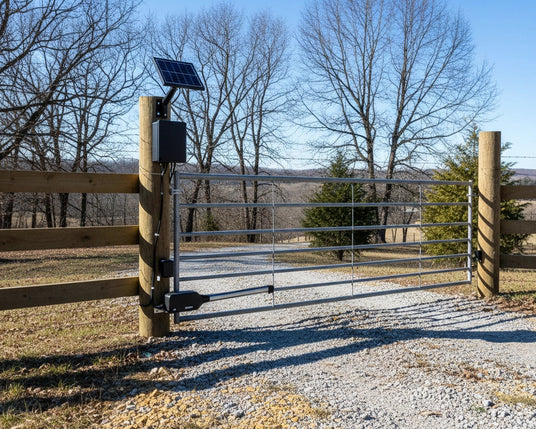 solar powered automatic gate opener at rural driveway entrance