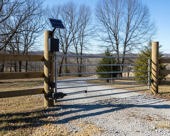 solar powered automatic gate opener at rural driveway entrance