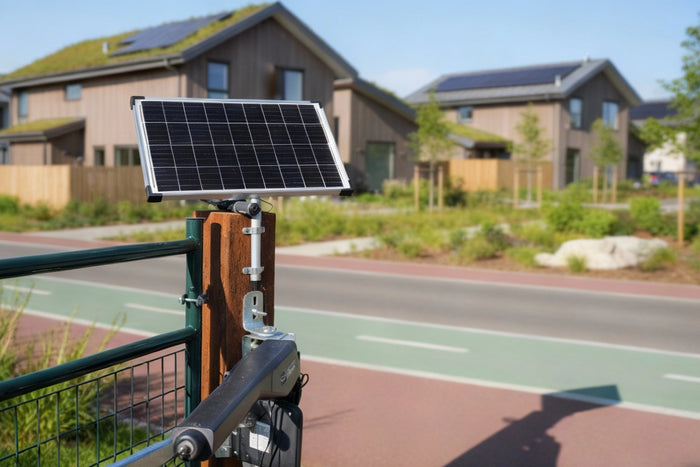 solar panel powering gate opener in residential neighborhood