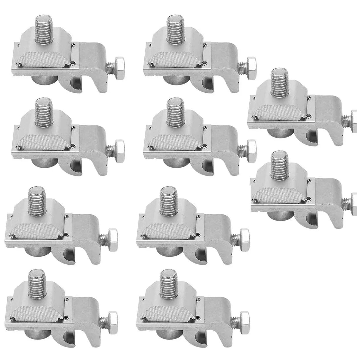 Ten solar panel grounding lug clamp assemblies on a white background