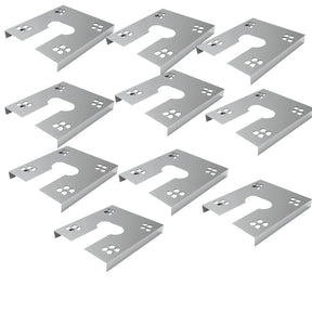 Ten solar panel grounding washer clips arranged on a white background