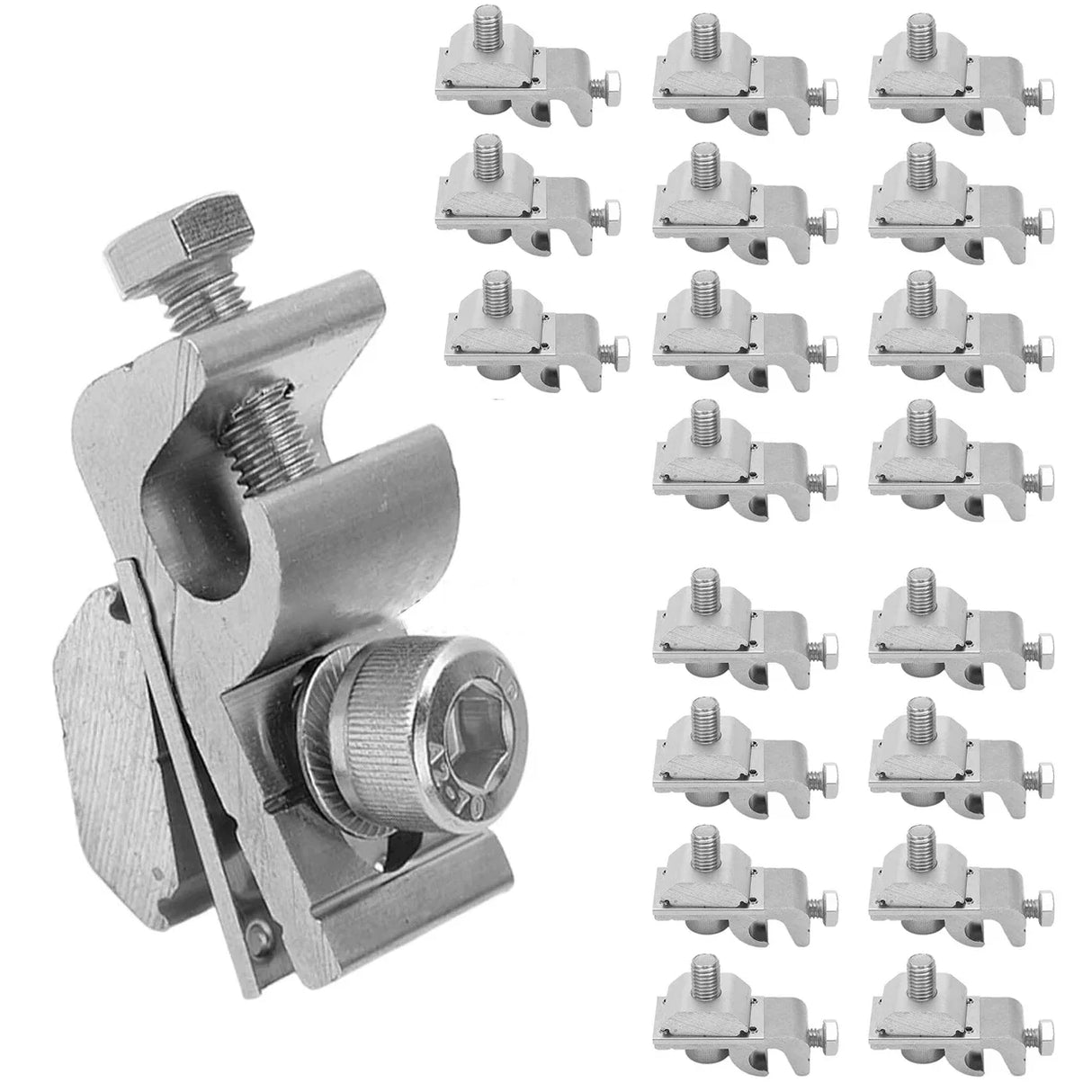 Solar panel grounding lug clamp beside multiple clamp assemblies