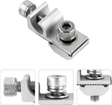 Solar panel grounding lug clamp with close-up bolt and conductor-lug details
