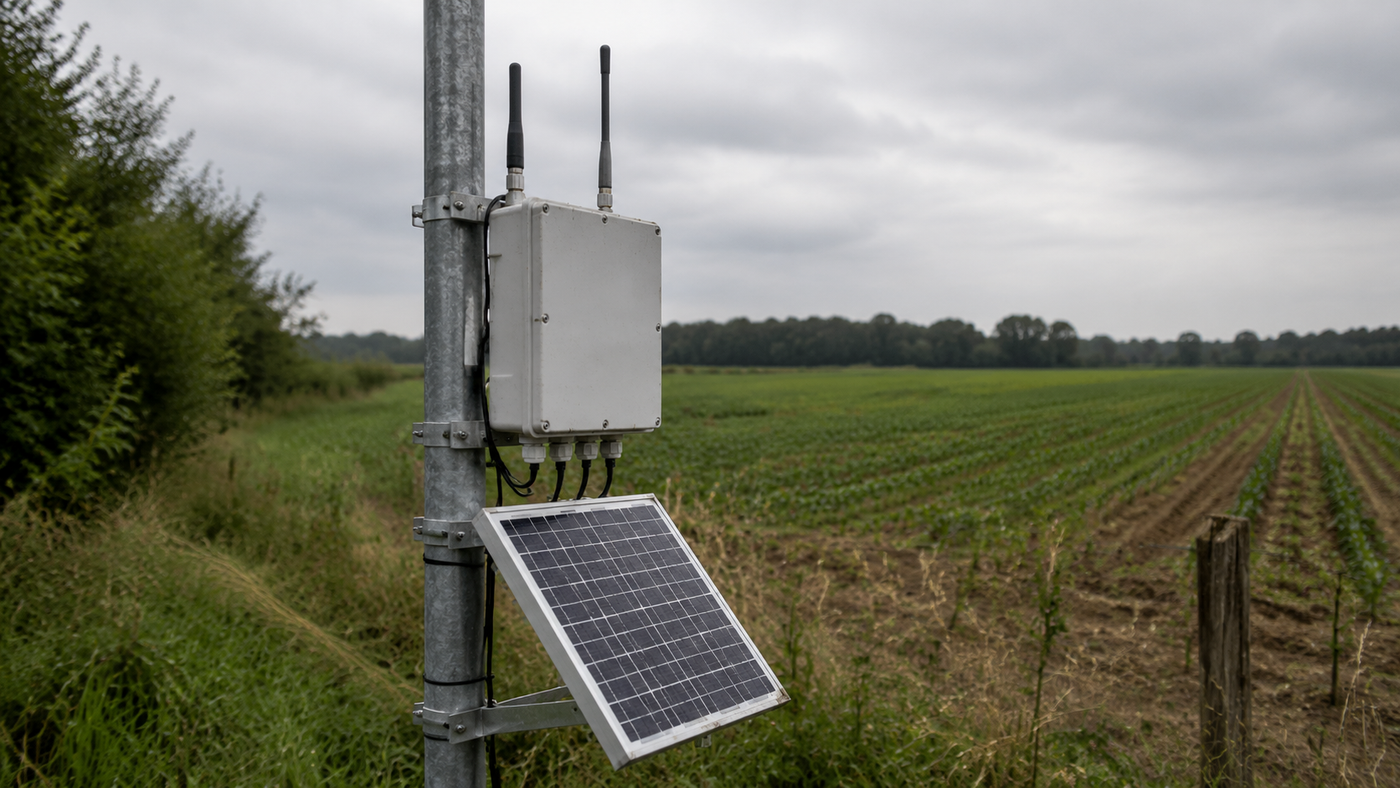Outdoor LoRaWAN gateway with antennas and solar power panel mounted on a field pole