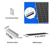 A diagram showing the components and dimensions of the 4.72-inch aluminum alloy mini rail, the EPDM rubber backing pad, and the 1.26-inch 410 stainless steel self-tapping screw.