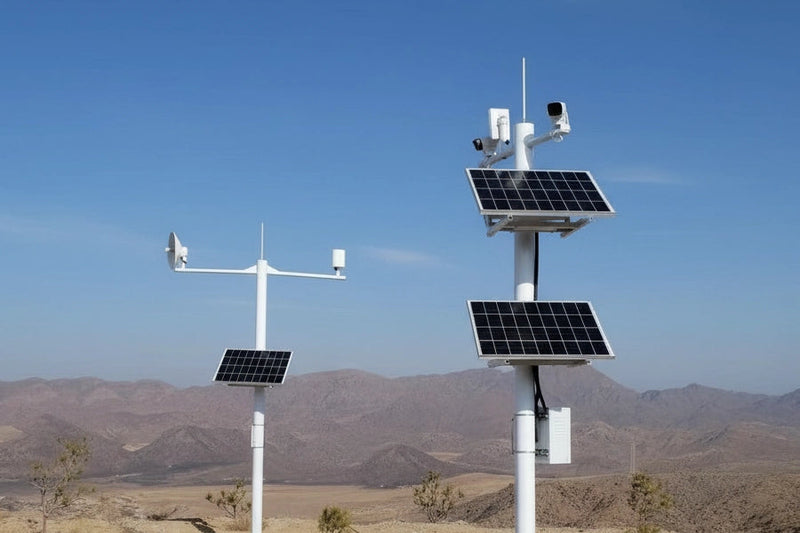 Two solar-powered remote camera and weather-monitoring poles in an arid landscape, illustrating continuous and peak loads from cameras, communications, and sensors.