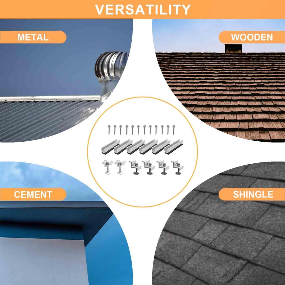 An image demonstrating the versatility of the solar panel mounting kit, showing it can be installed on metal, wooden, cement, and shingle roofs. The kit's hardware is displayed in the center.