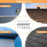 An image demonstrating the versatility of the solar panel mounting kit, showing it can be installed on metal, wooden, cement, and shingle roofs. The kit's hardware is displayed in the center.