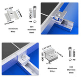 A diagram showing the detailed dimensions of the aluminum alloy mid clamps and end clamps, along with the 304 stainless steel M8 bolts used to secure solar panels to the rails.