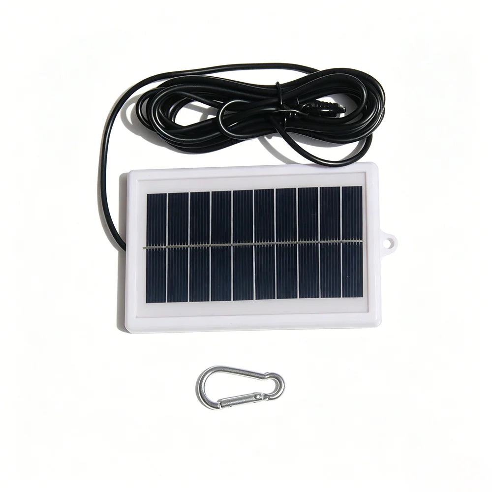 Framed solar panel, DC lead and carabiner