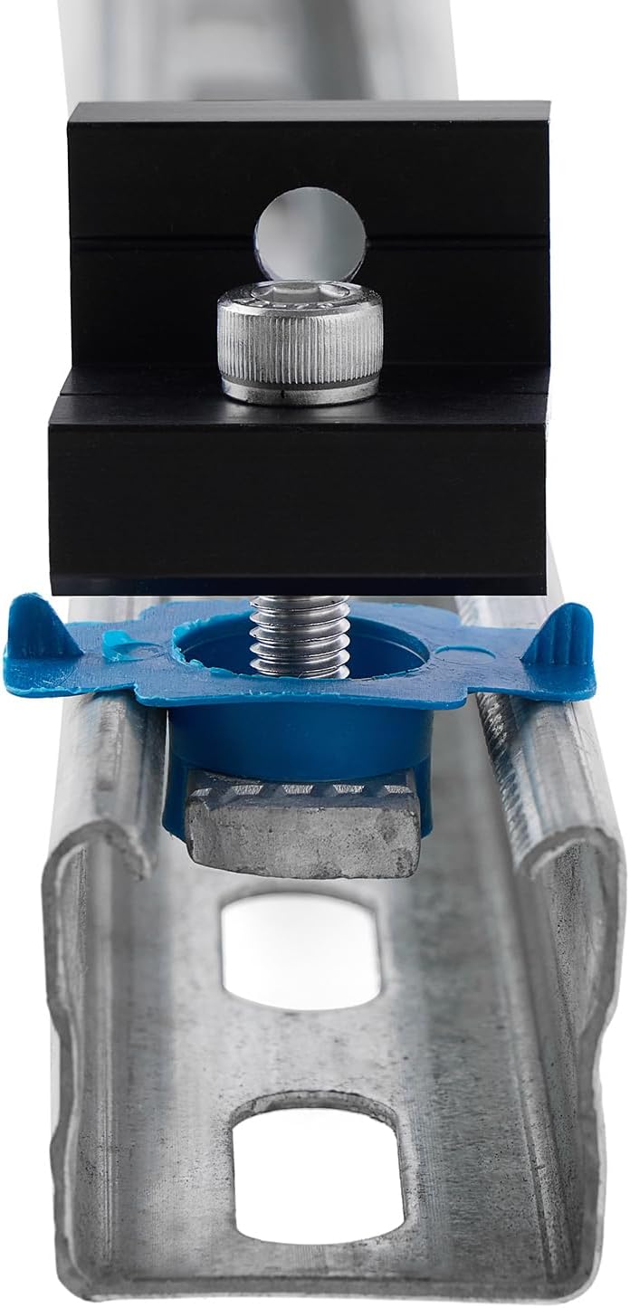 Black solar panel end clamp installed on a strut channel