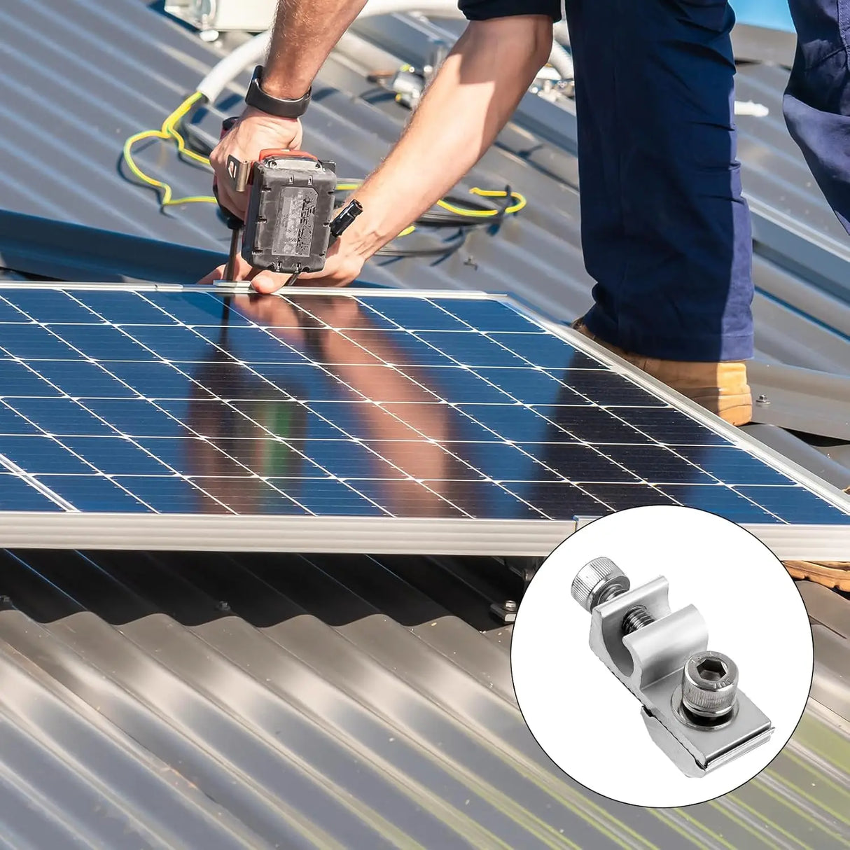 Solar panel grounding lug clamp installed beside a photovoltaic module