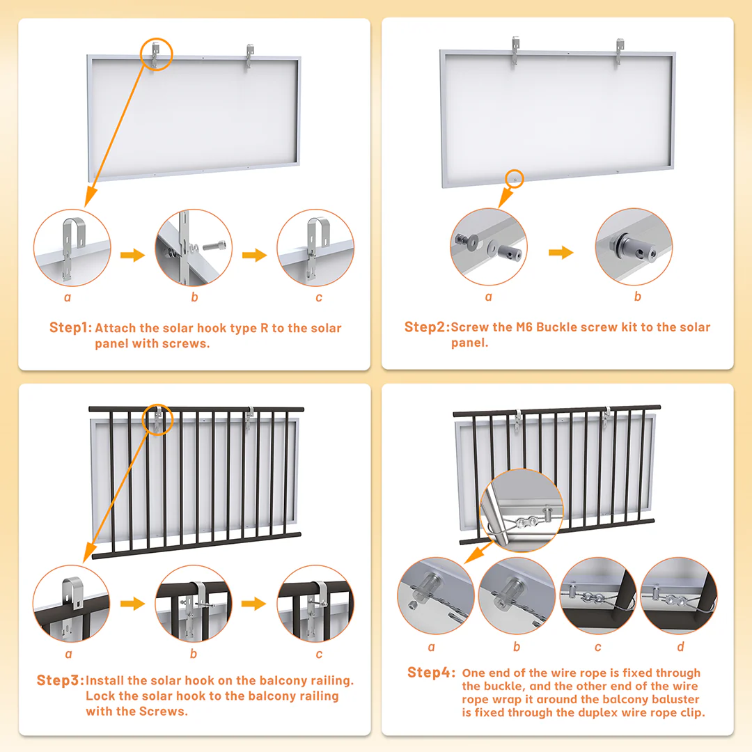 Step-by-step guide showing how to attach the hooks to a framed solar panel and hang it on a balcony railing; close-ups of bolts and slots.