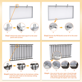 Step-by-step guide showing how to attach the hooks to a framed solar panel and hang it on a balcony railing; close-ups of bolts and slots.