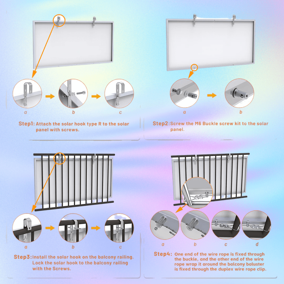 Installation infographic with four panels illustrating hook attachment, railing hanging, and hardware details.
