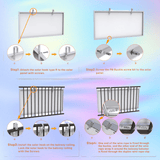 Installation infographic with four panels illustrating hook attachment, railing hanging, and hardware details.