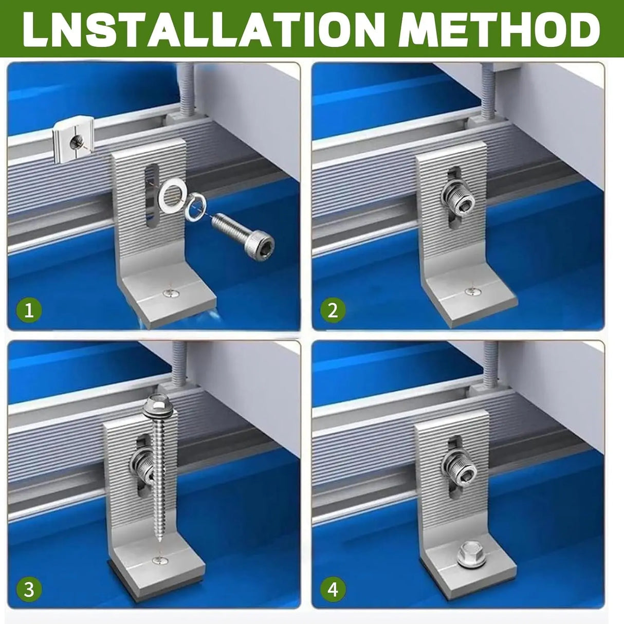Four-step solar panel L bracket installation sequence for mounting rail connections