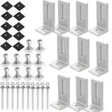 Ten aluminum solar panel L brackets with mounting pads, T-slot bolts, and roof screws