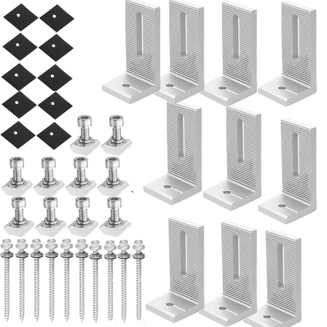 Ten aluminum solar panel L brackets with mounting pads, T-slot bolts, and roof screws