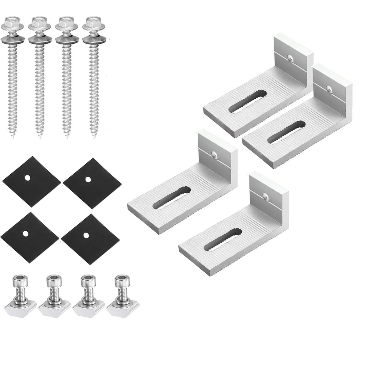 Four aluminum solar panel L brackets with mounting pads, T-slot bolts, and roof screws