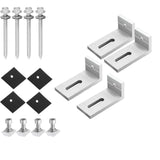 Four aluminum solar panel L brackets with mounting pads, T-slot bolts, and roof screws