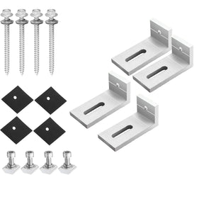 Four aluminum solar panel L brackets with mounting pads, T-slot bolts, and roof screws