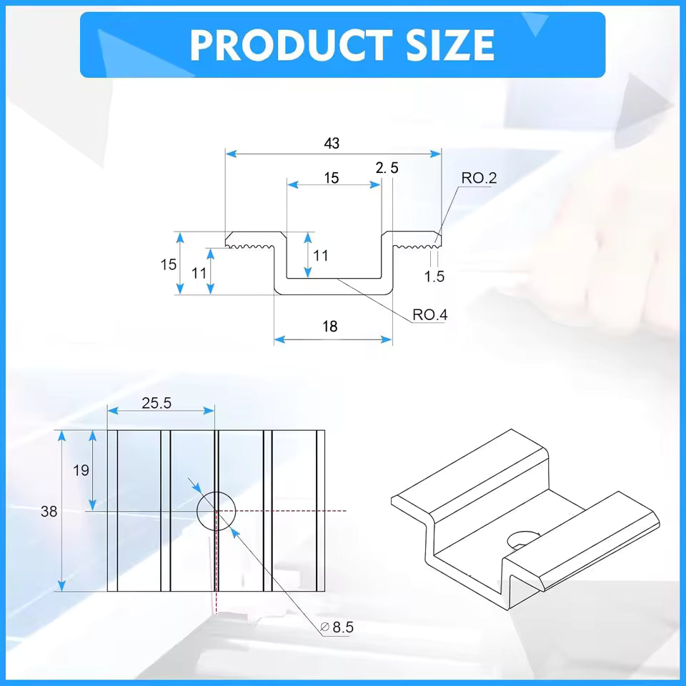 Solar panel mid clamp dimensions with 43 mm span and 8.5 mm center hole
