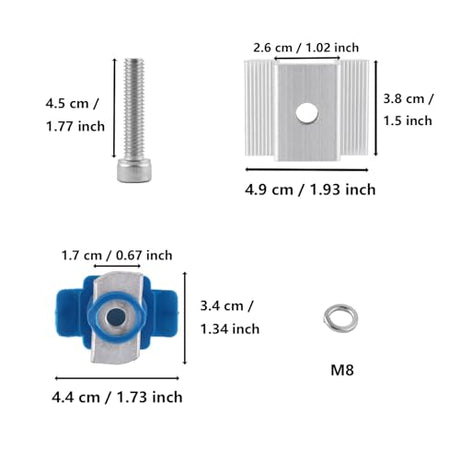 Silver solar panel mid clamp and M8 hardware dimensions