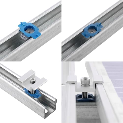 Silver solar panel mid clamp installed on a strut rail