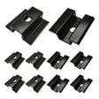 Black aluminum solar panel mid clamps shown from top and underside angles