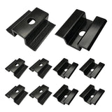 Black aluminum solar panel mid clamps shown from top and underside angles