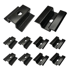 Black aluminum solar panel mid clamps shown from top and underside angles