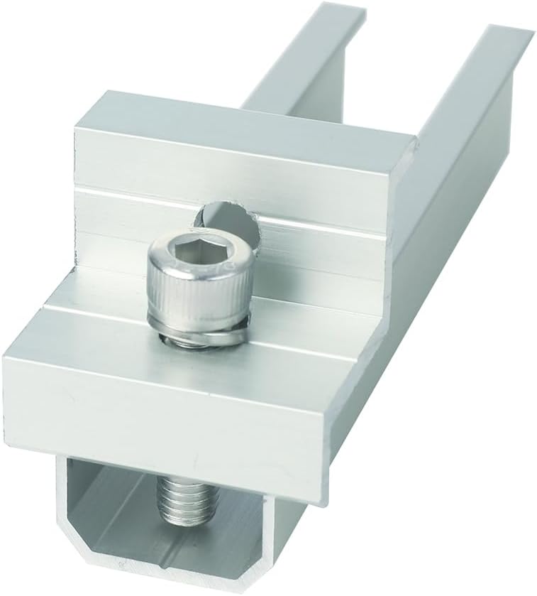 Close-up of an aluminum solar panel end clamp with bolt and rail nut for securing the edge of a framed PV module to a mini rail.