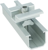 Close-up of an aluminum solar panel mid clamp mounted on a mini rail with a stainless steel bolt for framed PV module installation.