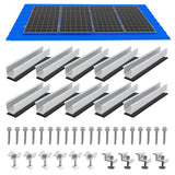 An overview of the solar panel mounting kit components for four panels, including 10 mini rails, 18 self-tapping screws, 4 end clamps, and 6 mid clamps, shown below a diagram of four panels installed on a roof.