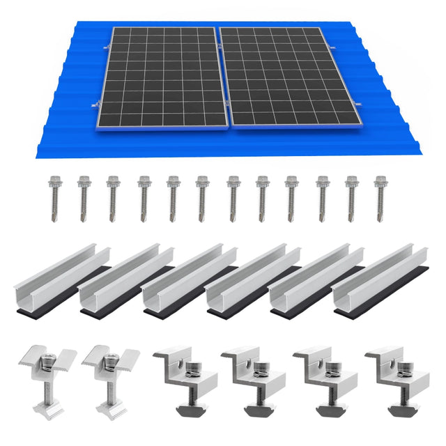 An overview of the solar panel mounting kit components for two panels, including 6 mini rails, 8 self-tapping screws, 4 end clamps, and 2 mid clamps, shown below a diagram of two panels installed on a roof.