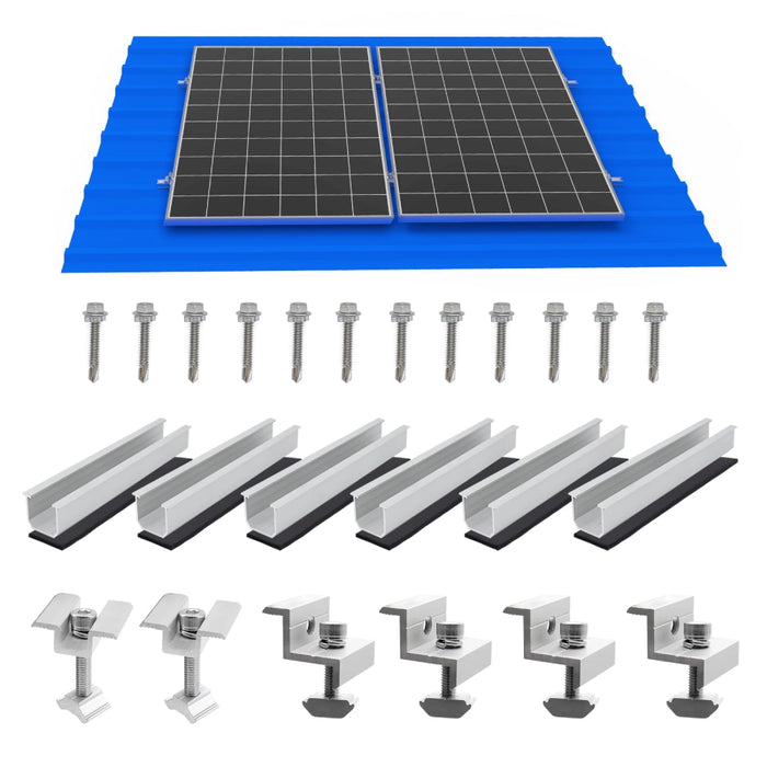 An overview of the solar panel mounting kit components for two panels, including 6 mini rails, 8 self-tapping screws, 4 end clamps, and 2 mid clamps, shown below a diagram of two panels installed on a roof.