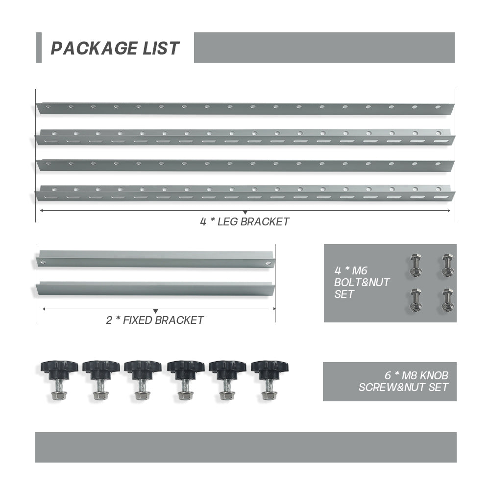 Solar panel mounting bracket package including rails, fixed brackets, bolts, nuts, and knob screws